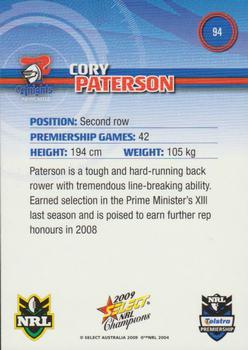 2009 Select NRL Champions #94 Cory Paterson Back